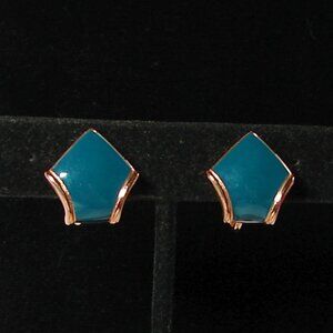 Vtg 80's JS Clip-On EARRINGS, Gold Tone w/Dark Teal Enamel  F77